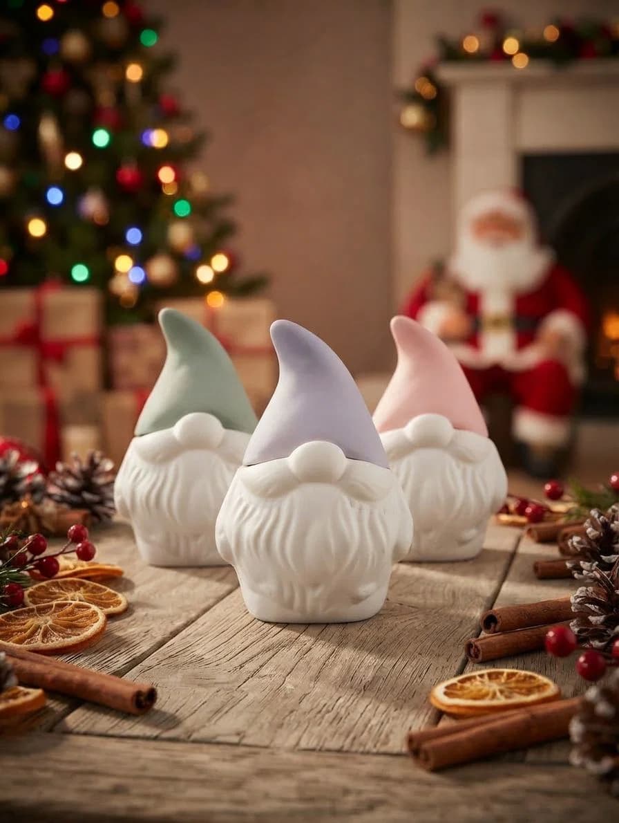 three ceramic gnome figurines with pastel hats on wooden table with Christmas decorations and blurred Santa background