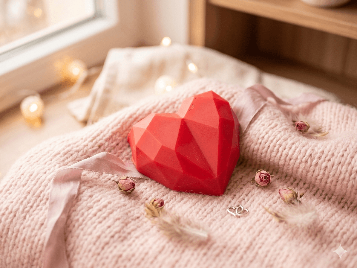 red geometric heart-shaped candle on pink knitted fabric with dried flowers and ribbon